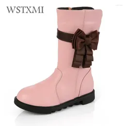Boots Winter High For Girls Fashion White Children Leather Waterproof Plush Warm Kids Snow Bow Non-slip Rubber Sole