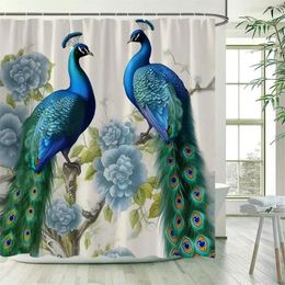 Shower Curtains Peacocks Green Feathers Birds Vintage Blue Flowers Plant Art Polyester Fabric Bathroom Curtain Decor With Hooks