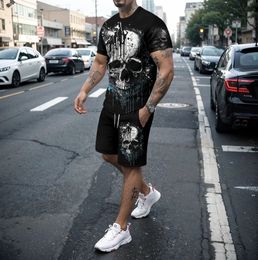 Summer mens Oneck short sleeved shorts set with 3D skull print fashion casual cool personality Tshirt sports 240422