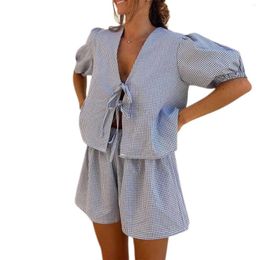Home Clothing Causal Plaid Print Lace Up Shorts 2 Pcs Sets Loungewear Women Fashion Loose Cropped Tops Elastic Pyjamas Suit Sleepwear