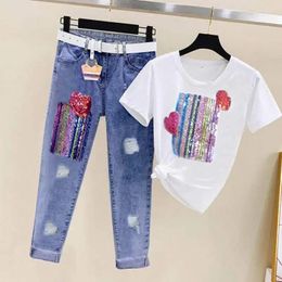 Women's Tracksuits Summer Women Sets Fashion Short Sleeve Sequins T Shirt Hole Jeans 2pcs Large Size Female Girl Casual Denim Pants Suits