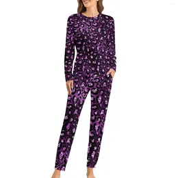 Women's Sleepwear Glitter Leopard Spots Pajamas Purple 2 Pieces Casual Pajama Sets Womens Long Sleeve Soft Oversize