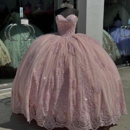 Luxury Pink Quinceanera Dresses Glitter Off The Shoulder Princess Applique Lace Beads Tull Sweet 16 Dress Vestidos 15 De