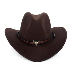 Wide Brim Western Cowboy Hat Men Women Wool Felt Fedora Hats Leather Ribbon Bull Head Band Panama Cap4895808