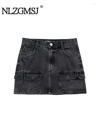 Skirts 2024 Autumn Women Work Style Denim Mini Fashion Pocket Vintage High Waist Causal Elegant A-Line Slim