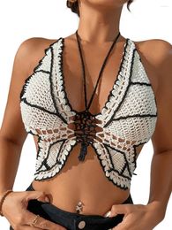 Women's Tanks Women Sexy Knit Bikini Tops Sleeveless Contrast Colour Halter Neck Tie Up Crochet Butterfly Swimsuits Beachwear