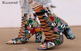 Boots Kcenid 2021 Women Chunky Heeled Bootie Multicolor Snake Print Ankle Spring Shoes Peep Toe Laceup Sexy Ladies Shoes14890112