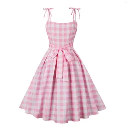 Casual Dresses Spaghetti Strap Pink Plaid Dress Women Summer Elegant Vintage 50s Rockabilly Swing Party Vestido 2024 Ladies Sweet Wear