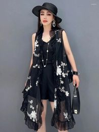 Women's Vests QING MO Black 2024 Summer Lace Mesh Sleeveless Vest Ruffled Irregular Long Outside With Loose Everything Women ZXY046