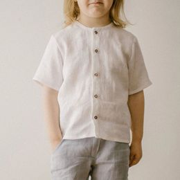 Boys Cotton And Linen Short-Sleeved White Shirt Summer Childrens Casual Loose Single-Breasted Linen Shirts Kids Tops TZ437 240512
