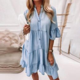 Casual Dresses Cotton Denim Women Solid Colour Mid Sleeves A-line Pattern Above Knee Stand Collar Ruffle Shirt Dress Daily Clothes