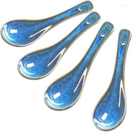 Spoons 4 Pieces Japanese Soup Spoon Set Long Handle Ceramic Retro Blue Ramen Bowl Catering For Kitchen Tools