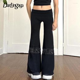 Women's Pants Streetwear Fashion Black Flare Low Waisted Chic Slim Lace Patchwork Women Trousers Elegant Office Ladies Bottom