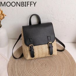 School Bags Vintage Straw Backpack Women's 2024 Shoulder Bag Versatile Woven PU Leather Elegant Luxury Designer Mochilas