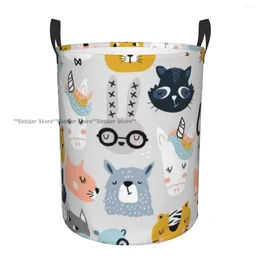 Laundry Bags Folding Basket Scandinavian Animals Faces Round Storage Bin Large Hamper Collapsible Clothes Bucket Organiser