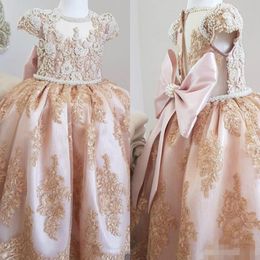 Cute Rose Gold Flower Girls' Dresses Crystal Pearls Beaded Capped Sleeves Ball Gown Princess Lace Applique Communion Birthday Part 228t