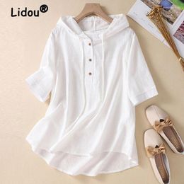 Women's Blouses Women Summer Trendy Embroidery Cotton Linen Casual Short Sleeve Hooded Shirts Solid Loose Pullover Tops Female Clothing