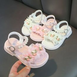 Girls Flowers Sandals Kids Sweet Princess Shoes for Party Wedding Leather French Style Chic Summer Fashion 2024 240506