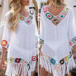 Bikini Cover Up Hollow Out Crochet Patchwork Summer Swimsuit Loosefitting Sun Protection Swimwear Tunic For Beach 240508