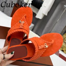 Slippers Kid Suede Flip Flop For Women Causal Clip Toe Metal Lock Tassel Flat Ladies Mules Summer Walking Slip On Shoes