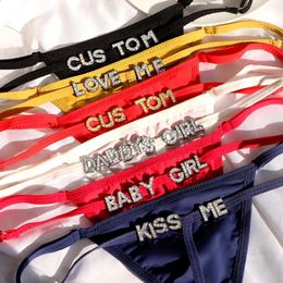 Briefs Panties Simple Striped Thin Sexy Thongs Customised Crystal Letter Name Fashion Personty Womens Low Waist Panties Cotton Underwear T240510