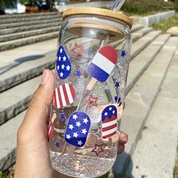 Wine Glasses Summer Transparent Glass Red Blue Ice Cream Pattern Iced Coffee Mug With Lid&Straw Gifts For 4th Of July Independence Day