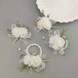 Link Bracelets Wedding Wrist Bracelet Elegant With Faux Pearl Tassel Bow Forest Style Breast Flower Decor For Bridesmaid Prom