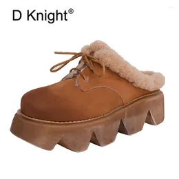 Slippers High Quality Genuine Leather Harajuku Women Heel Warm Short Plush Snow Winter Home Wedge Half Slipper Woman Shoes