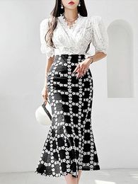 Work Dresses Fashion Summer 2 Pieces Outfits Women Clothes Elegant Pretty White Lace Tops Shirt Blouse High Waist Midi Skirt Mujer Slim Set