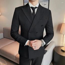 Men's Suits 2024 Formal Blazer Jacket Lapel Flat Slim Fit Casual Gentleman Khaki Men Double Breasted Wedding