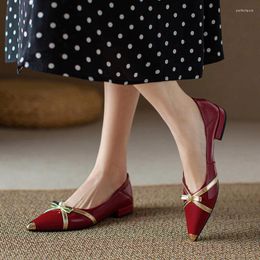Casual Shoes Phoentin Sexy Pointed Toe Low Heels Fashion Women Classic Bow Ballet Work Patent Leather Party Red Beige FT2205