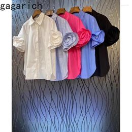 Women's Blouses Gagarich European Flower Temperament Tops 2024 Spring Female Short Sleeve Flip Collar Single Breasted Elegant Style Shirts