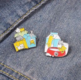 European Cute Cat Box Enamel Brooches Milk Bottle Bowl Animal Series Lapel Pins For Shirt Backpack Clothes Pet Badge Unisex Women 4047901