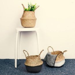 Storage Bags Handmade Woven Basket Sundries Textile Organizer Natural Sea Straw Patchwork Home Organization Decoration