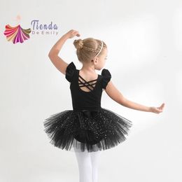 Sparkle Ballet Tutu Skirt Artistic Gymnastics Mesh Girl Leotard Flutter Short Sleeve Ballerina Princess Dress Up Costume Korea 240510