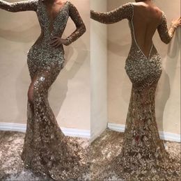 Sparkly Lace Evening Dress Illusion Long Sleeve Sheer Neck Formal Party Gowns Sexy Front Slit Backless Prom Dress Dubai Vestidos 165F