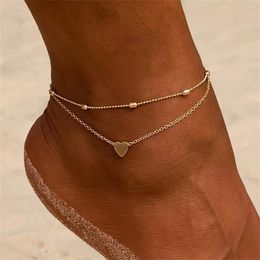 Anklets 18k Gold Plated Exquisite Classic Rust Proof Love Heart Pendant Oval Bead Chain Double Anklet Summer Anti Allergic Jewelry
