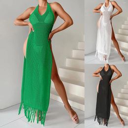 Casual Dresses Summer Ladies' Knitted Swimsuit Cover Up Suspender Neck Sexy Hollow Side High Split Tassel Dress Beach Cool