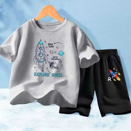 Clothing Sets Summer childrens 2-piece clothing set childrens sports style track and field suit boys rocket space cartoon T-shirt and shorts setL2405L2405