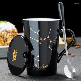 Mugs 12 Constellations Creative Ceramic With Spoon Lid Black And Gold Porcelain Zodiac Milk Coffee Cup 420ML Water Drinkware