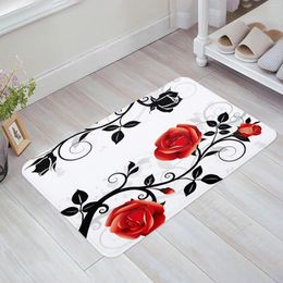 Carpets Red And Black Rose Flower White Floor Mat Entrance Door Living Room Kitchen Rug Non-Slip Carpet Bathroom Doormat Home Decor