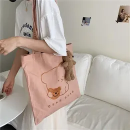 Shoulder Bags Large Capacity Ladies Reusable Shopping Bag Cute Embroidered Bear Women Canvas Casual Tote Lovely Pink Girl Handbag