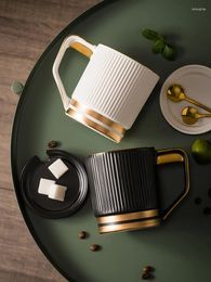 Mugs Simple Tracing Gold Mug With Cover Nordic Creative Black And White Ceramic Breakfast Cup Large Capacity Coffee Water