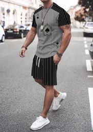 TShirt Men Casual Fashion Stripe Poker Ace of Spades Short Sleeve Gray Tee SET 2023 Summer ShortSleeved Shorts 240422