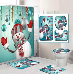 Merry Christmas Shower Curtain Bathroom set Snowman Santa Father Bell Elk Pattern Waterproof Toilet Cover Mat Non Slip Rug7878631