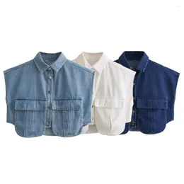 Women's Blouses Women Blouse Denim Cropped Shirt Blue White Button Crop Elegant Short Sleeve Top Woman Office Outfits Shirts