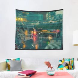 Tapestries Rainy Night In Neo Tokyo Matrix Vibe With Green And Orange Light Reflection Tapestry House Decor Cute