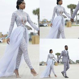 2023 Wedding Dress Gorgeous Jumpsuits With Detachable Train High Neck Beads Crystal Long Sleeves Modest Dresses African Bridal Gowns 212W