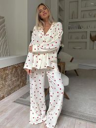 Home Clothing Heart Print Pyjamas Set Loose Sleepwear Suit Sexy Turn-Down Collar Nightwear Long Sleeve Nightgowns Pants Printing Pyjamas