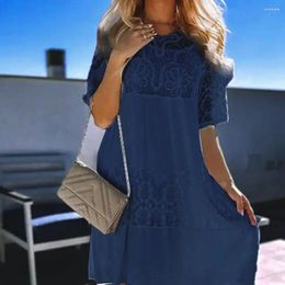 Casual Dresses Women Loose Dress Elegant Floral Embroidered Midi For Short Sleeve Lace Patchwork Vacation Beach Crew Neck